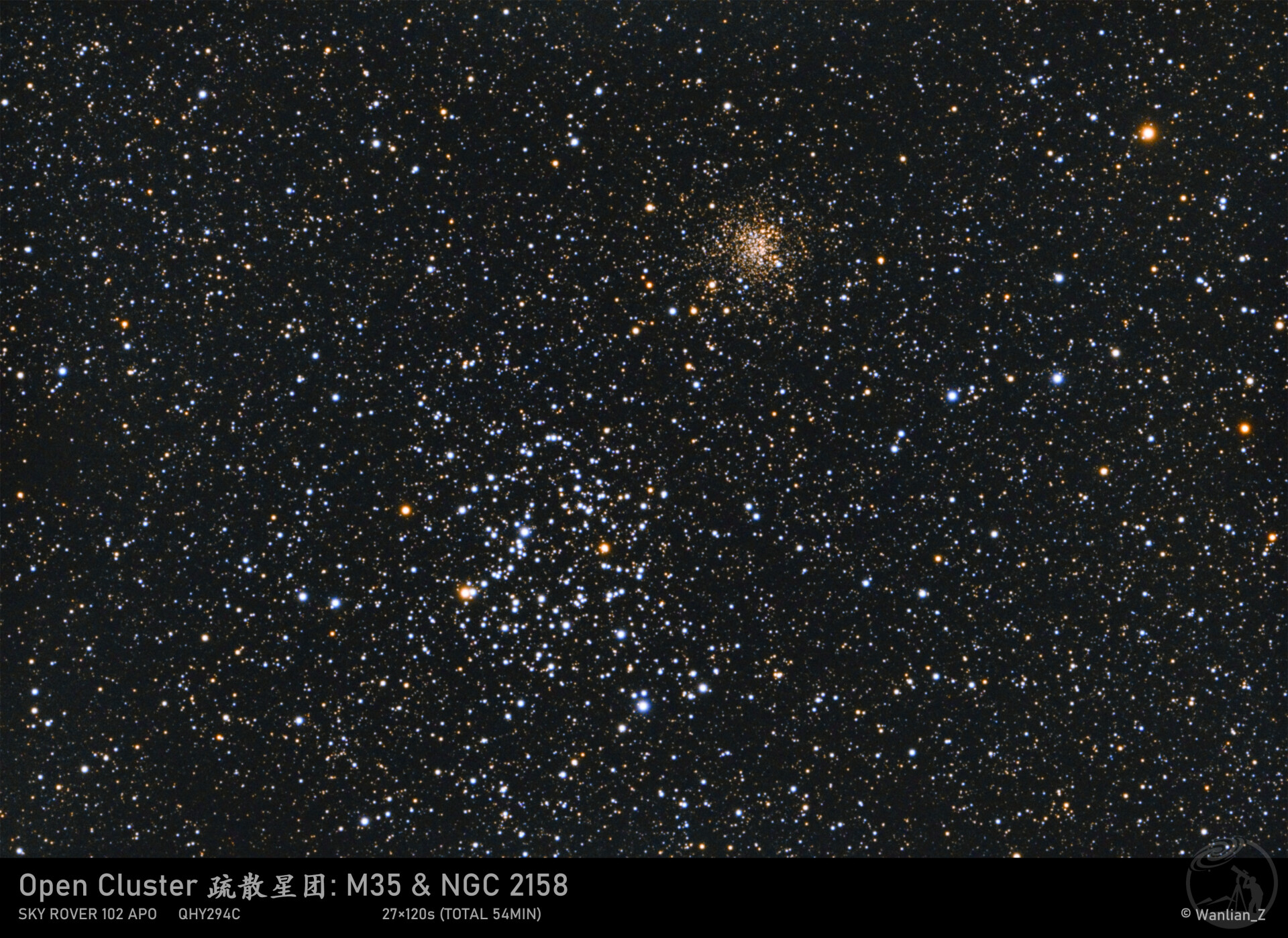 黄蓝相称：M35和NGC2158
