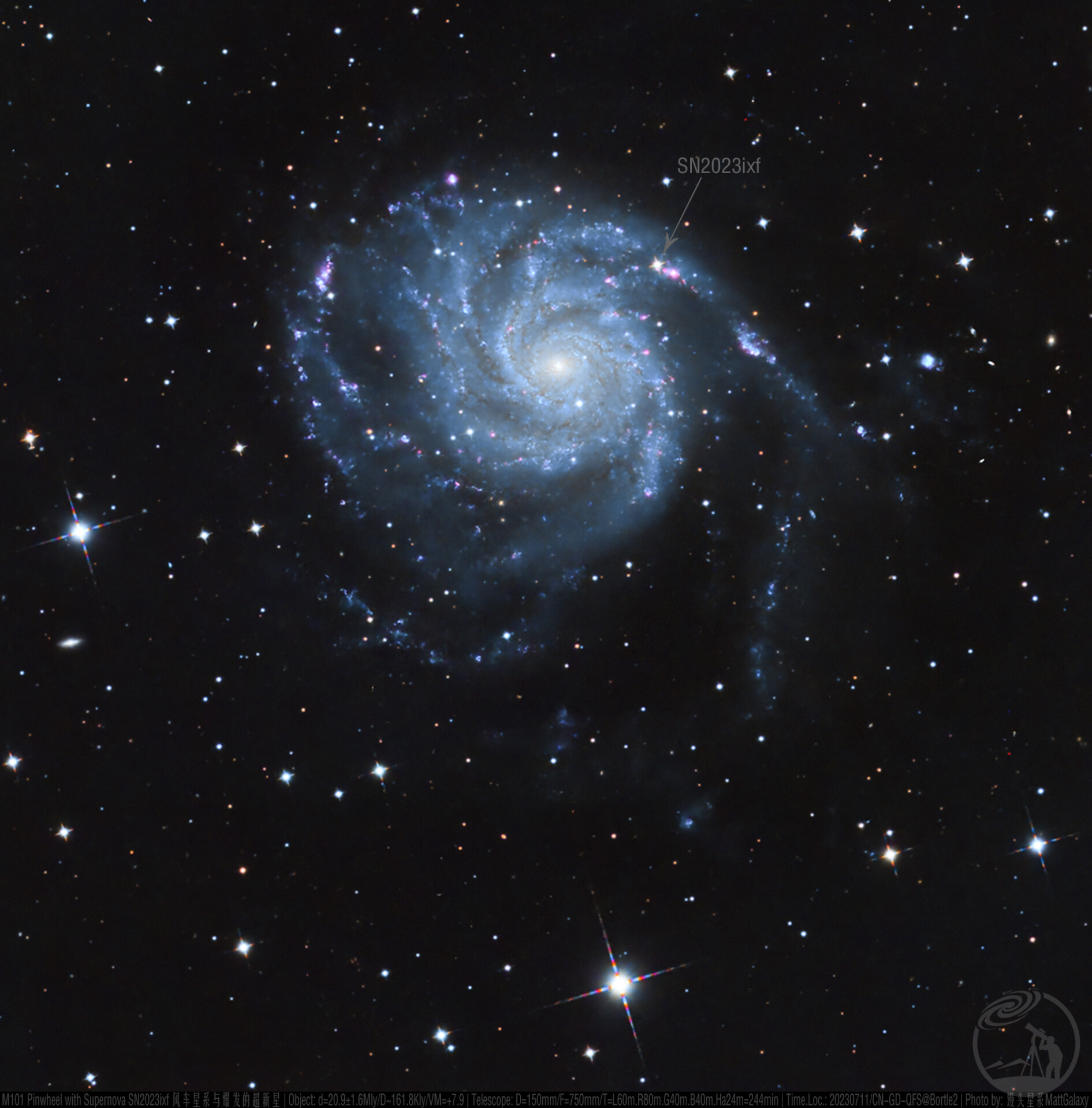 M101 Pinwheel with Supernova SN2023ixf 风车星系与爆发的超新星