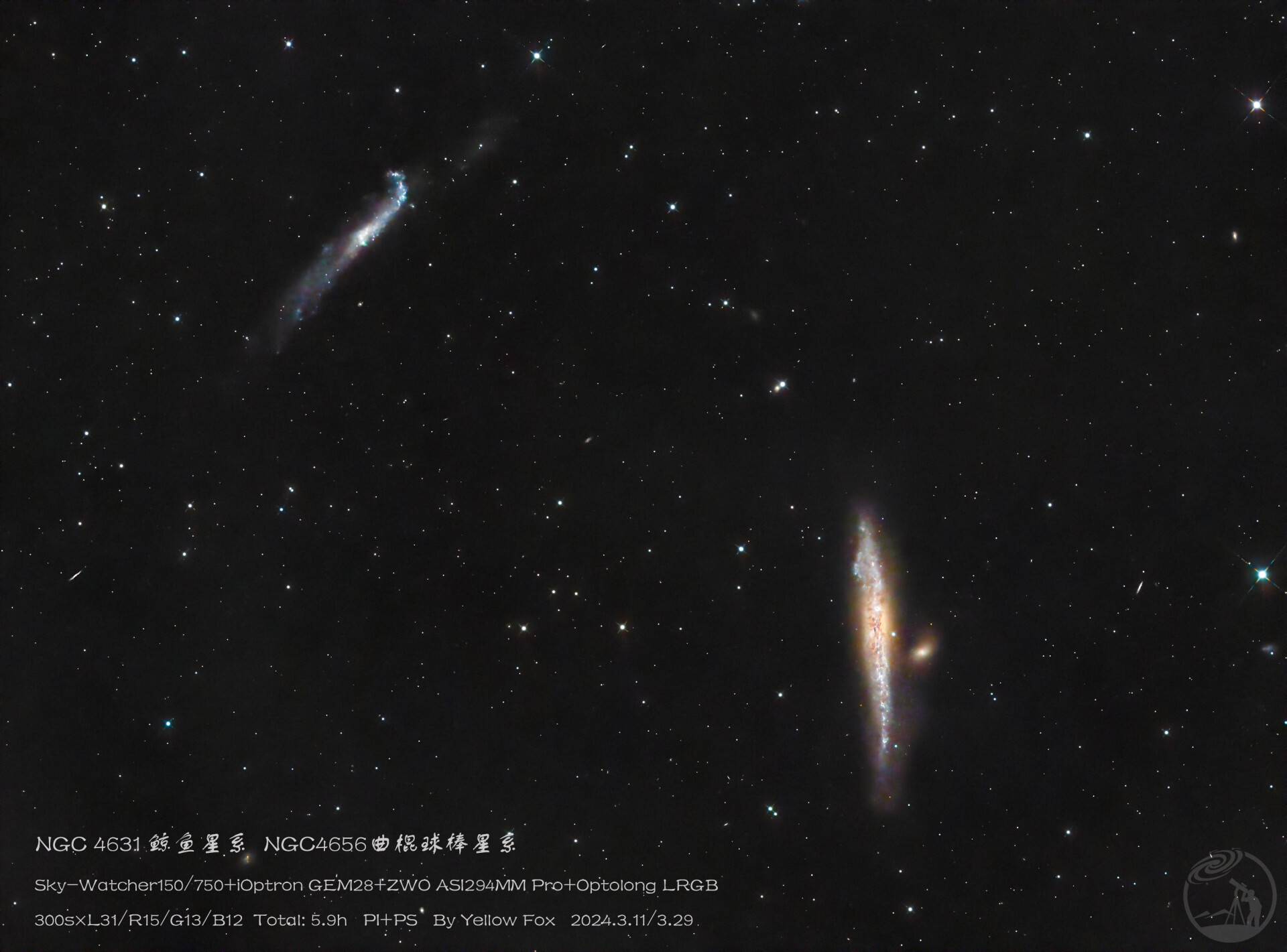 NGC4631鲸鱼星系和NGC4656/4657曲棍球棒星系