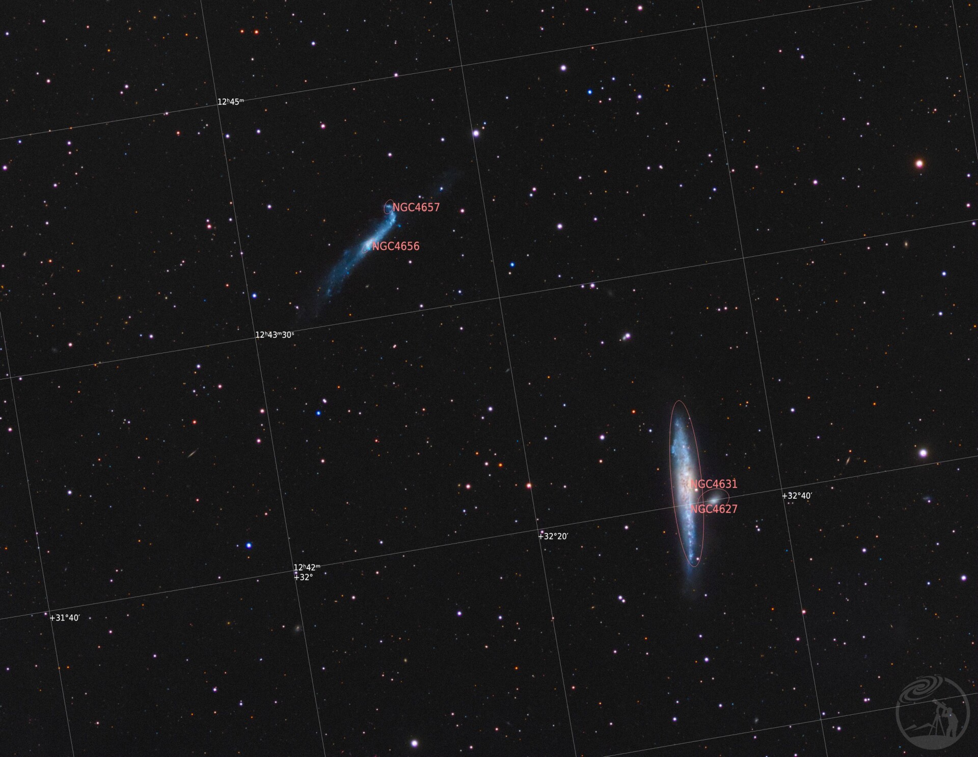 NGC 4631鲸鱼星系 与 NGC 4656曲棍球星系