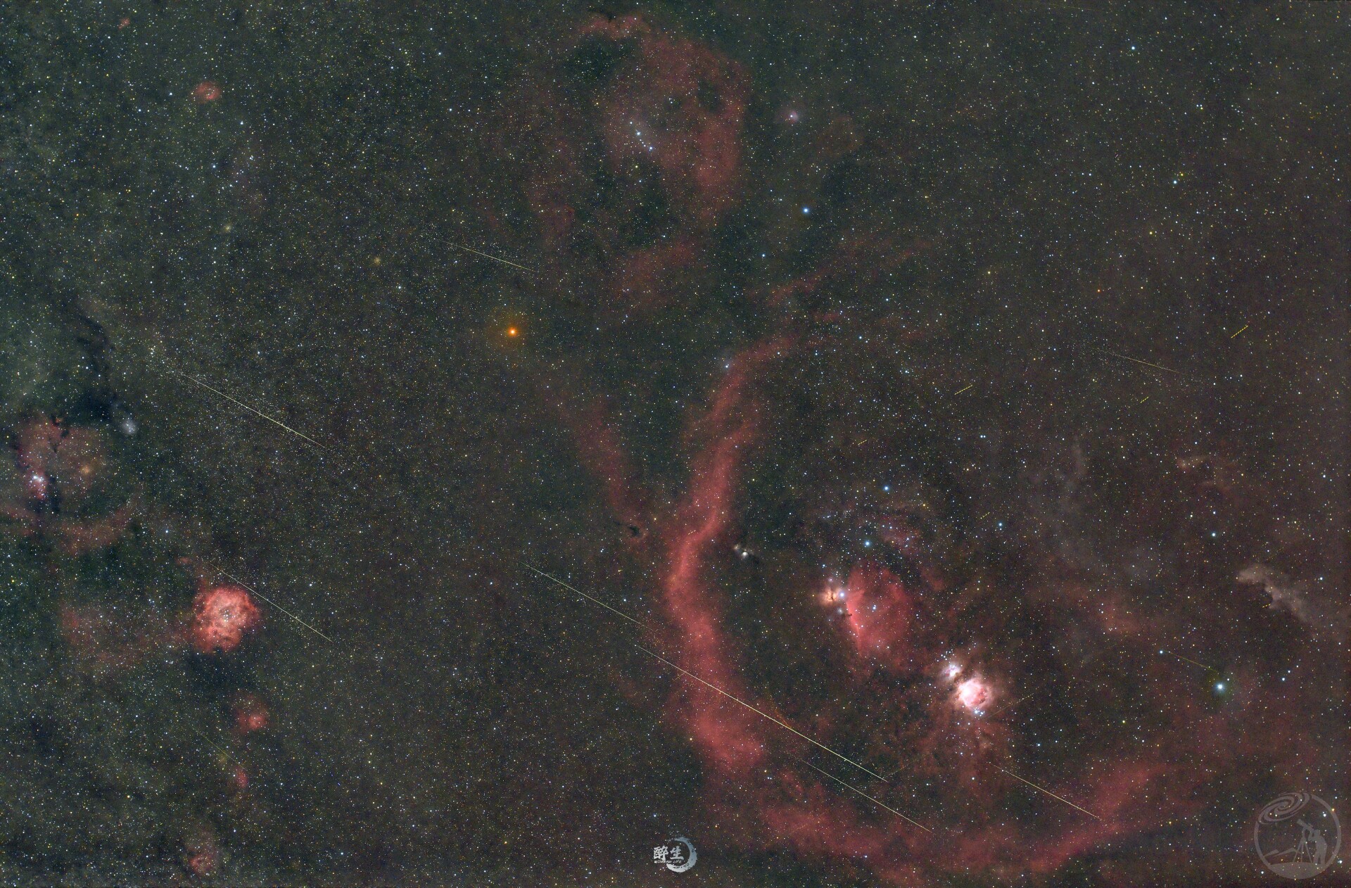 手搓赤道仪拍摄一整夜穿过M42的双子座流星雨